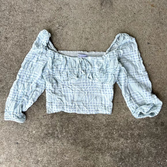 Urban Outfitters Gingham Cropped Blouse Blue Plaid Checkered Small 3/4 Sleeve - Picture 1 of 5